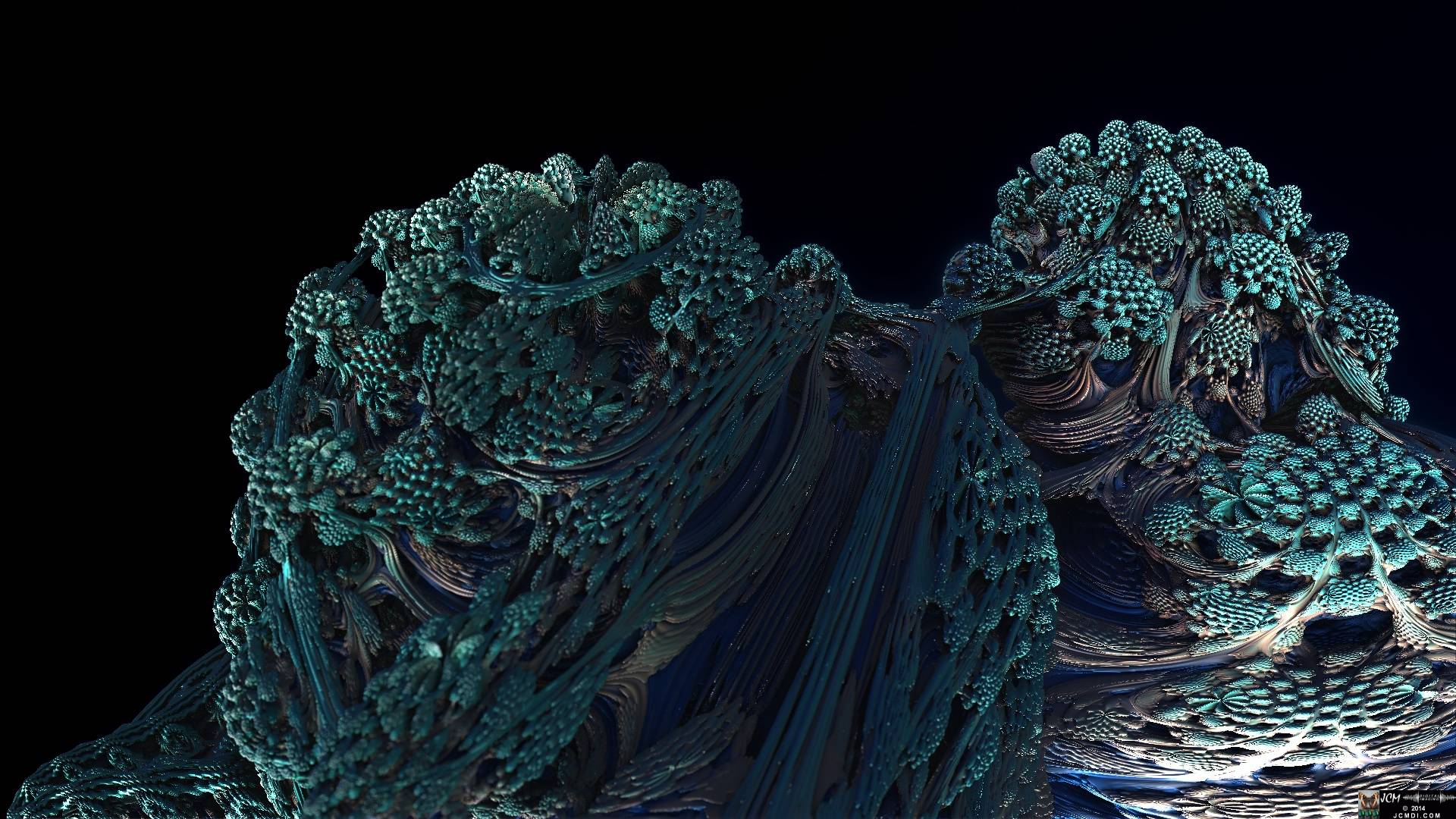 Still image from the JCMDI video Blue Coral on YouTube, rendered with Mandelbulb 3D